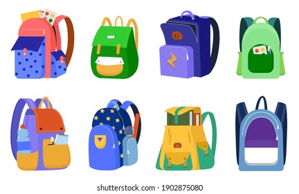 Kid backpack vector illustration set. Cartoon side or front view of child student schoolbag collection, colorful bags full of children stationery supply, school books and textbooks isolated on white