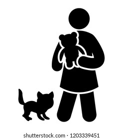 Kid with bal and cat symbolizing playing with pet icon