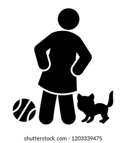 Kid with bal and cat symbolizing playing with pet icon