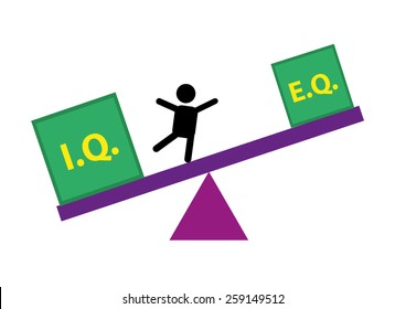 Kid balancing IQ and EQ Concept 2. intelligence Quotient IQ is more heavy than Emotional Quotient EQ and baby figure moves to EQ. Flat Design Isolated Vector Illustration and Jpg. 