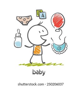 the kid with the ball, bottle and cubes illustration