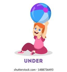 Kid and ball. Learning preposition concept. Girl under the ball. Isolated vector educational illustration in cartoon style