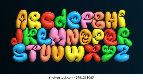 Alfabeto de globo infantil, letras burbujeantes 3D, tipografía colorida Y2k, tipografía retro linda con cara sonriente para el logotipo alegre, titular de libro de historietas, tipografía juguetona, diseño tipográfico divertido. tipografía de Vector.