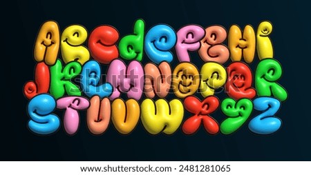 Kid balloon alphabet, 3D bubbly letters, Y2k colorful typography, cute retro font with smiley face for joyful logo, comic book headline, playful typography, fun typographic design. Vector typeset.