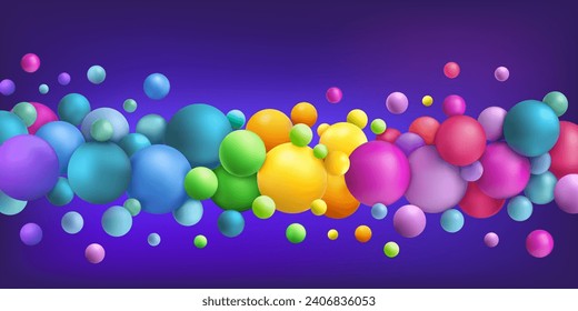 Kid balloons. 3D multicolor balls. Graphic glass spheres. Birthday wallpaper. Soft futuristic color bubbles border line. Abstract background. Geometric circle shapes group. Vector colorful joy pattern