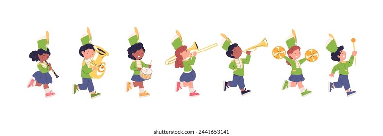 Kid band parade. Children musicians marching with trombone trumpet loud horn or drum, young military march cute cartoon child player music entertainment, vector illustration of kids competition march