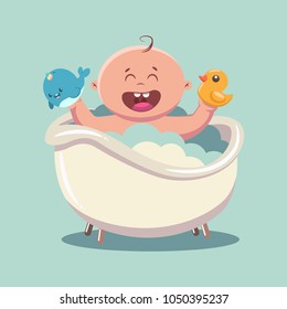 Kid in bath with soap bubbles and foam. Vector cartoon illustration of a happy child in bathroom with a rubber duck and a unicorn whale in his hands isolated on a background.