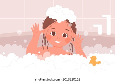 Kid bathing in bathroom, happy childhood vector illustration. Cartoon young girl character playing with cute yellow rubber duck toy, child swimming in bath water with soap foam bubbles background
