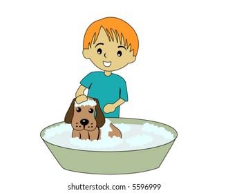 Kid bathing his Pet Dog - Vector