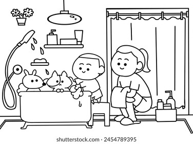 The kid bathing for his pets