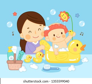 kid bathing with mom and playing toy in bathroom