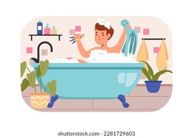 Kid in bathroom kids concept with people scene in the flat cartoon style. Boy plays with toys while bathing in the bathroom. Vector illustration.