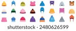 Kid beanie icons set. Large collection of colorful and diverse winter hats, featuring different styles and designs to keep you warm and stylish
