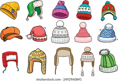 Kid Beanie Icons Set. Large collection of colorful and diverse winter hats, with different styles and designs to keep you warm and stylish