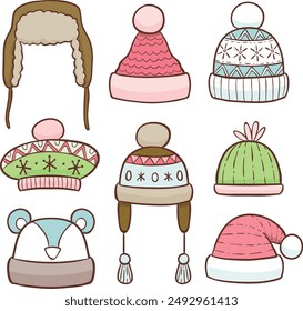 Kid Beanie Icons Set. Large collection of colorful and diverse winter hats, with different styles and designs to keep you warm and stylish