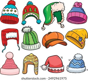 Kid Beanie Icons Set. Large collection of colorful and diverse winter hats, with different styles and designs to keep you warm and stylish