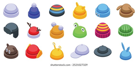 Ícones de gorro infantil definidos. Este grande conjunto de chapéus de inverno é perfeito para manter sua cabeça quente em um dia frio