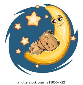 Kid Bear sleeps on the moon. Dreaming a dream. Childrens illustration. Funny Night sky. The baby animal fell asleep. Cartoon style picture. Isolated on white background. Vector.