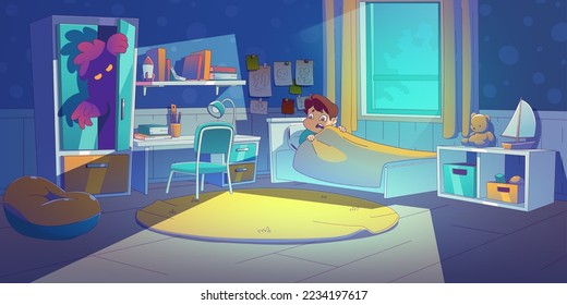 Kid in bed feel fear due to nightmare with monster hiding in wardrobe. Baby sleep phobia, insomnia. Little child hiding under blanket from creepy fluffy beast, Cartoon linear flat vector illustration