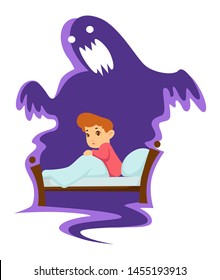 Kid in bed nightmare childish fear monster isolated character vector ghost fantasy nursery or bedroom boy in pajamas under blanket scary shadow, phobia growing up child on bed with blanket and pillow