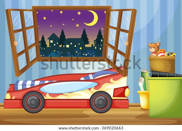 Kid bedroom with\
car shaped bed\
illustration