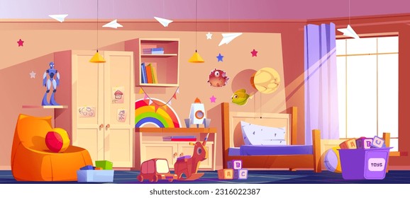 Kid bedroom interior with bed for boy child cartoon vector. Indoor home furniture background illustration with window, bookshelf, cupboard and rainbow sticker. Preschool playroom decoration in flat