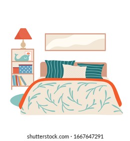 Interior de habitación infantil con cama, estante, lámpara, libros y imagen en la pared en color beige, verde y rojo, ilustración vectorial de estilo plano aislada en fondo blanco. Interior tipo dormitorio