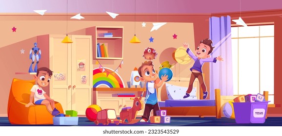 Kid bedroom interior with boys character cartoon vector background. Child home playroom with toy indoor illustration. Kindergarten friends in apartment with book shelf and sticker on wall design