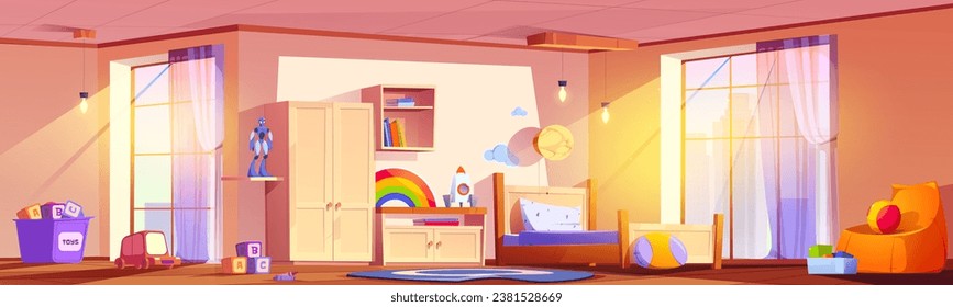 Caricatura interior del dormitorio infantil fondo vectorial. Muebles de habitación para niños en casa. Sala de juegos para chicas con cama en el apartamento de la casa. Diseño interior de guardería preescolar con alfombra, ventana, caja de juguete y cajón