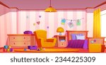 Kid bedroom interior in house vector background illustration. Girl child room with furniture, toy and drawer. Cute empty toddler nursery apartment design with pillow, cubes and lamp with window.