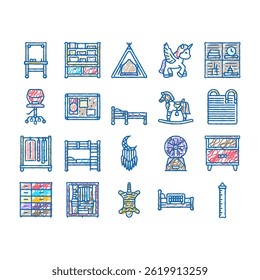 kid bedroom room interior doodle icons set vector. bed home, child house, window apartment, ball carpet, toy playroom, furniture pillow kid bedroom room interior sketch hand drawn