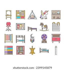 kid bedroom room interior icons set vector. bed home, child house, window apartment, ball carpet, toy playroom, furniture pillow kid bedroom room interior color line illustrations