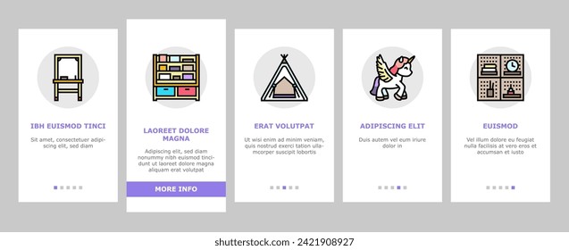 kid bedroom room interior onboarding mobile vector. bed home, child house, window apartment, ball carpet, toy playroom, furniture pillow kid bedroom room interior illustrations