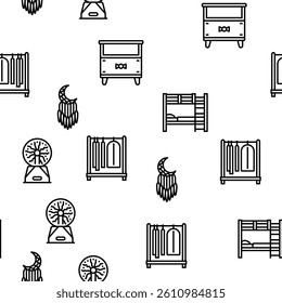 kid bedroom room interior vector seamless pattern thin line illustration