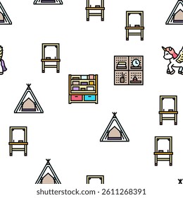 kid bedroom room interior vector seamless pattern thin line illustration