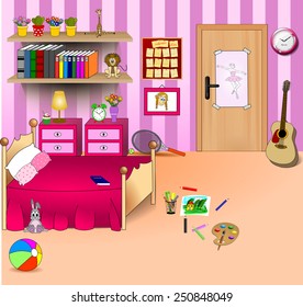 Kid Bedroom. Vector Art Image Illustration Of A Cartoon Children Room With Girl Lifestyle Elements, Toys, Bed, Door, Picture, Calendar, Clock, Bookshelf With Books, Pencils And Guitar On Orange Carpet