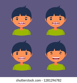 Kid before and after using dental braces. Teeth corrective treatment. Medical care. Little boy being sad and happily smiling. Vector cartoon flat style illustration isolated on colored background.