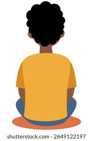 Kid from behind sitting calmly on kindergarten floor rug. Child in elementary school. Flat vector illustration for children's learning.