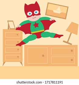 
Kid being mischievous in a superhero costume