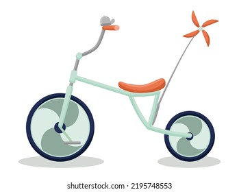 Tipo de marco o forma retro de bicicleta infantil. Niños coloridos en bicicleta, transporte para deporte o viaje. Vector aislado bicicleta juguete divertido para niños con estilo de dibujo animado plano sobre fondo blanco