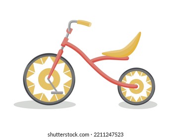 Tipo de marco o forma retro de bicicleta infantil. Niños coloridos en bicicleta, transporte para deporte o viaje. Vector aislado bicicleta juguete divertido para niños con estilo de dibujo animado plano sobre fondo blanco