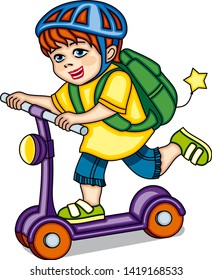 A kid in a bike helmet and with a backpack on his back rides a scooter