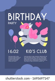 Kid birthday flyer template. Cute Unicorn with clouds and balloons.