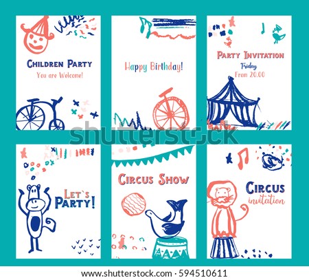 Kid birthday invitation card design set with circus elements vector illustration