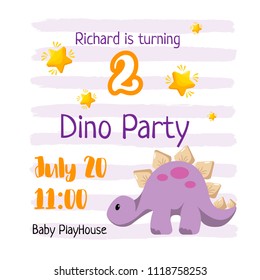 Kid birthday invitation template design. Dino party for a baby turning 2 years with flat style stegosaurus and stars and hand drawn number on textured background. Cute baby dino for logo or icon