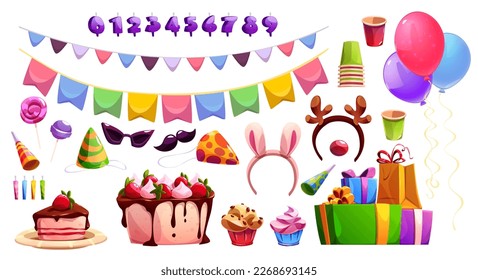 Kid birthday party design elements set isolated on white background. Vector cartoon illustration of delicious cake and candle numbers, colorful festive flags and garlands, gift boxes and air balloons