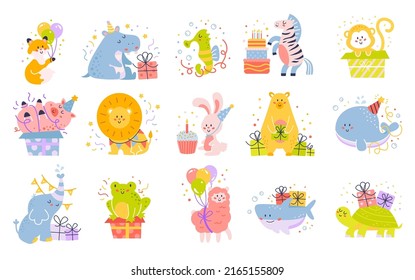 Kid birthday party elements set. Cartoon child animals wearing bday decorative caps, holding cake and gift boxes. Funny decoration for celebration. Vector illustration