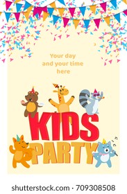 Kid birthday party poster, banner, card with cute animal characters having fun, flat cartoon vector illustration on white background. Birthday party poster with cute animal characters having fun