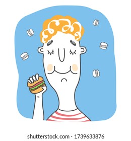 Kid biting burger. The boy holds a burger in his hand. Doodle style illustration. Kids and fast food. Vector illustration in a flat style for web design