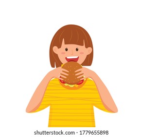 Kid Biting Burger Fast Food Vector Illustration. Colorful Cartoon Style Concept Of Happy Hungry Girl Eating Launch And Holding Hamburger In His Hands For Advertising, Restaurant Menu. Design Template
